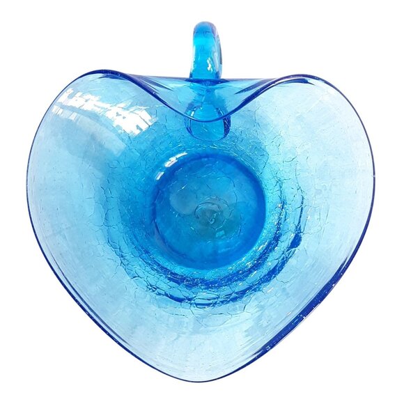 Blue Crackled Glass Heart-Shaped Bowl with Handle Nappy Candy - Picture 4 of 7